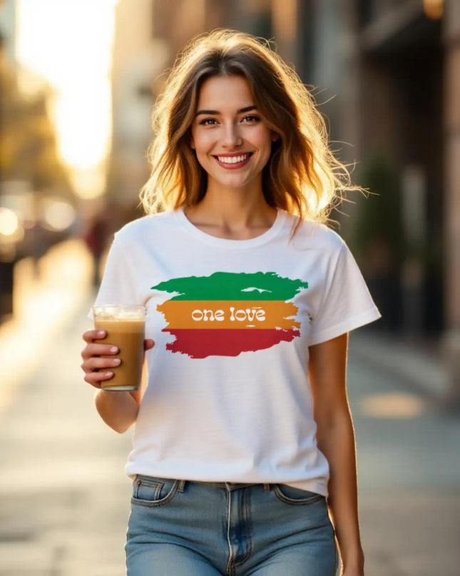 Model wearing relaxed-fit One Love tee with headphones and vinyl in background