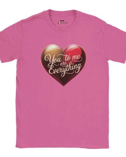 Close-up of heartfelt lyric design on love-themed T‑shirt