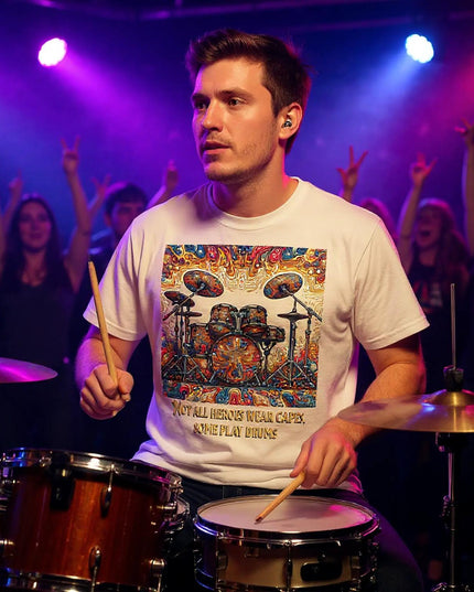 Flat-lay of shirt with drumsticks and vinyl pairing for drummer theme