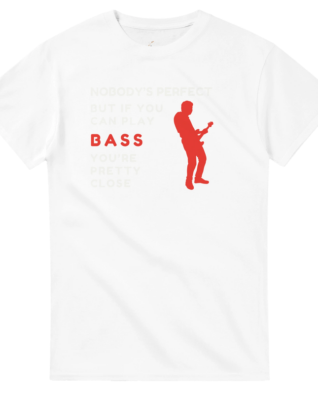 Lifestyle shot: musician wearing bass humor tee backstage or rehearsing
