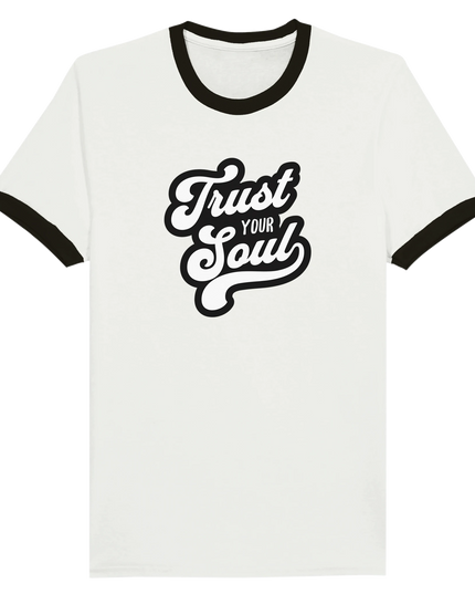 Close-up of contrasting ribbed collar and music graphic print