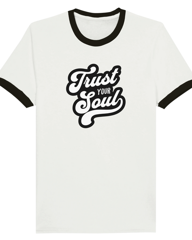 Close-up of contrasting ribbed collar and music graphic print