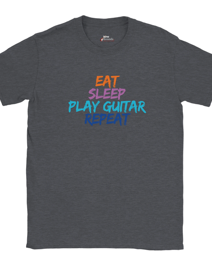 Close-up of Eat Sleep Play Guitar Repeat text on soft tee