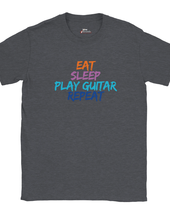 Close-up of Eat Sleep Play Guitar Repeat text on soft tee