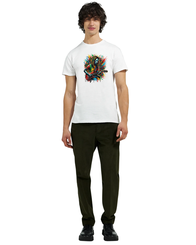 Model wearing relaxed-fit Reggae tee paired with denim and a Rasta hat vibe
