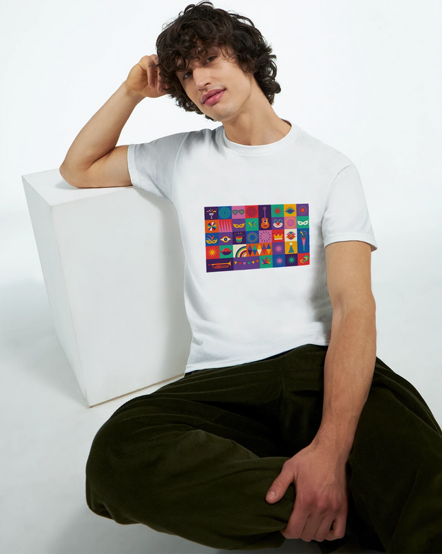 close-up of double-needle collar and taped shoulder seams on colorful music-design shirt