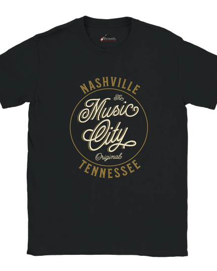 Black or white cotton T‑shirt printed with Nashville skyline text