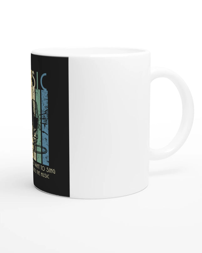 Lifestyle shot: Sing music mug beside morning keyboard or sheet music
