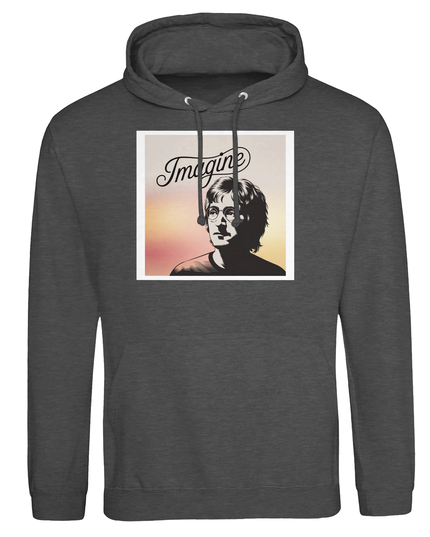 Model wearing hoodie with simple front music graphic print