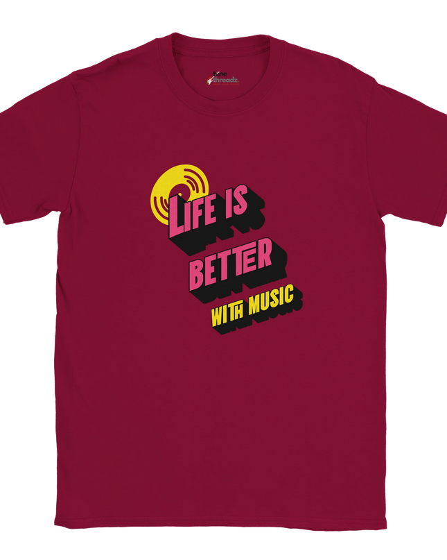 Model wearing Life Is Better With Music T‑shirt relaxed fit
