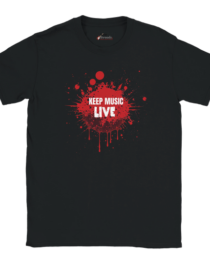 Close-up of Keep Music Live text graphic on relaxed-fit shirt