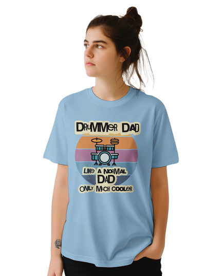 Bold text design for drummer dad fan shirt front view