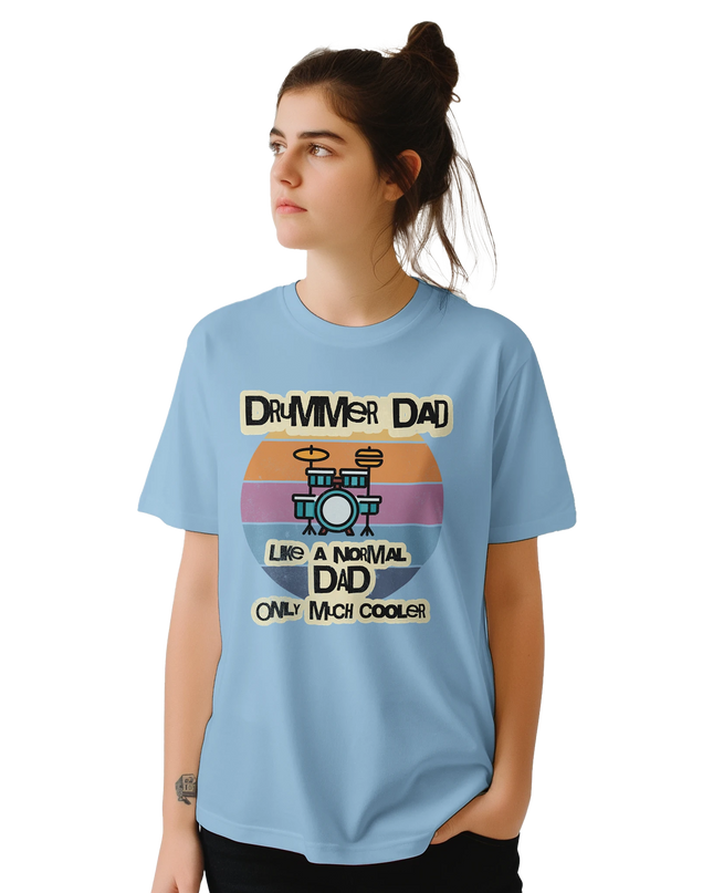Bold text design for drummer dad fan shirt front view