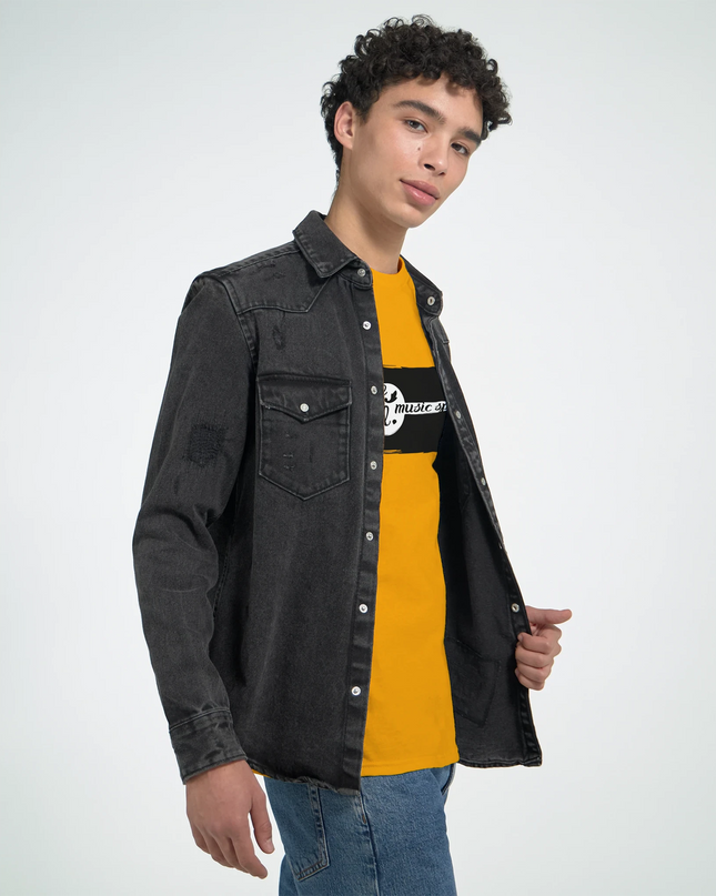 Close-up of taped neck and shoulders with high-stitch lyric graphic detail

