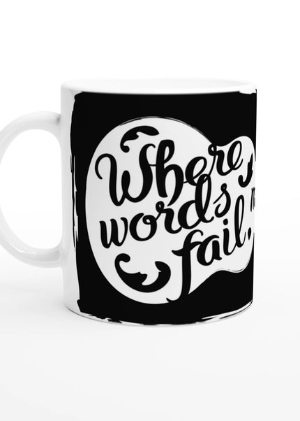 Glossy white 11 oz ceramic mug with bold ‘Music’ lyric print