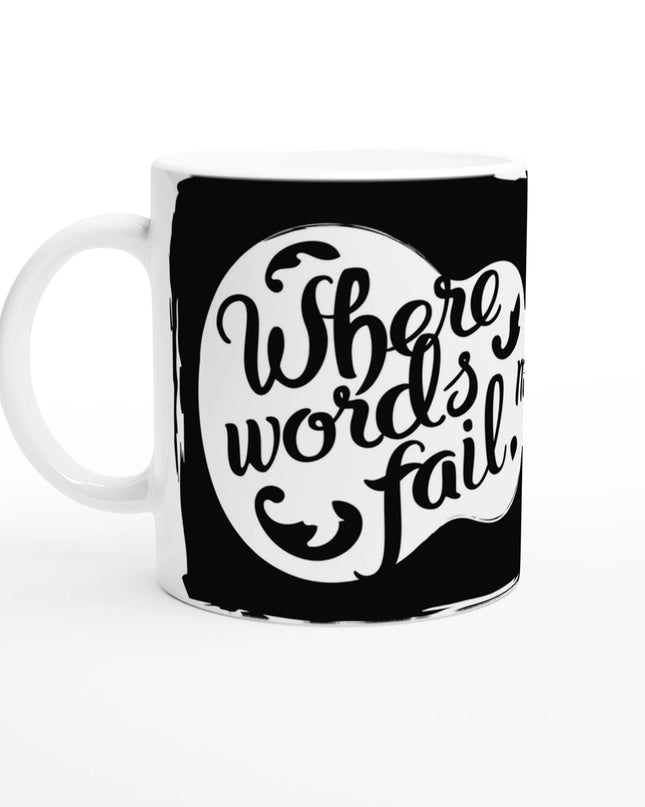 Glossy white 11 oz ceramic mug with bold ‘Music’ lyric print