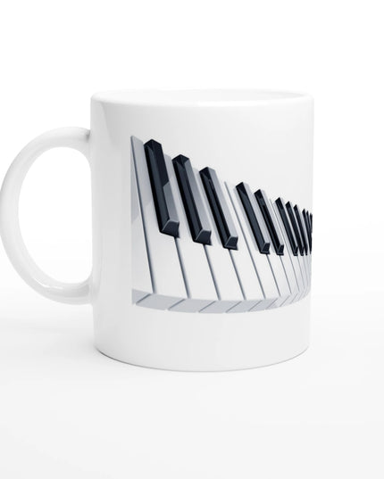 Glossy white 11 oz mug printed with bold saxophone keyboard design