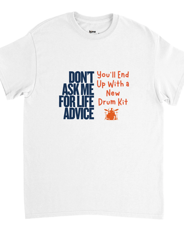 Model wearing Life Advice Drums T‑shirt with drumstick props in studio
