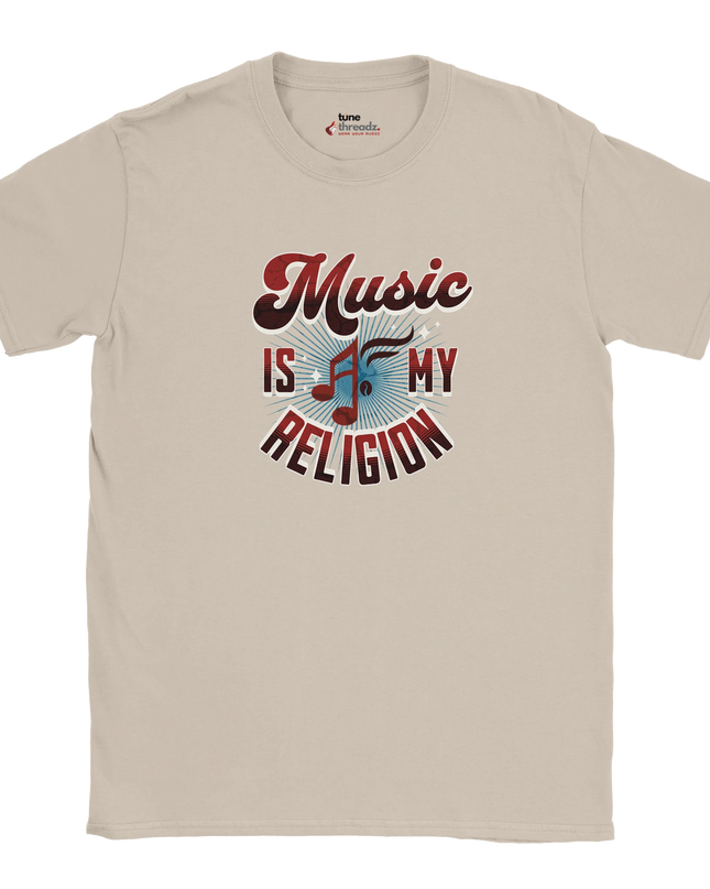 Graphic tee stating Music Is My Religion for fans