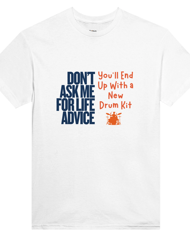 Flat-lay of music advice tees with headphones and vinyl for drummers