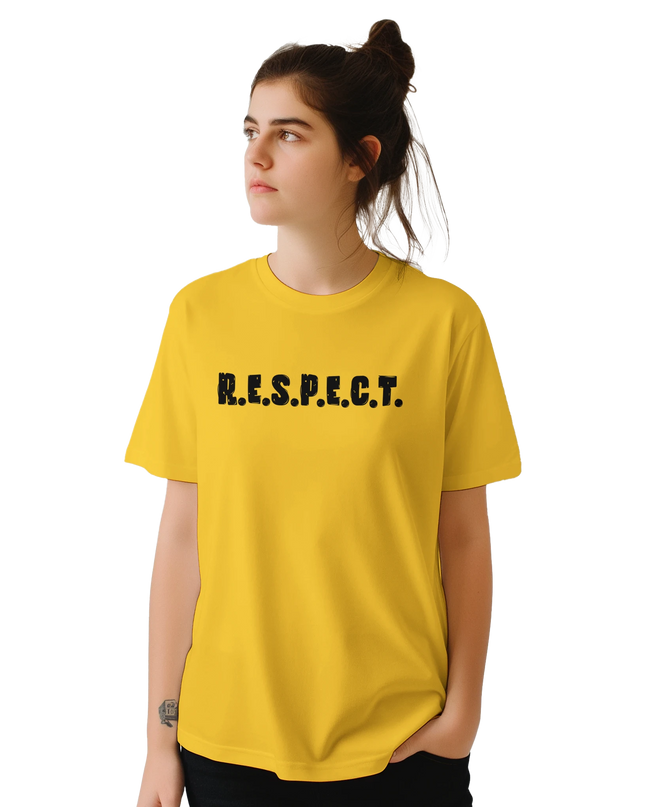 Model wearing relaxed-fit Respect slogan music tee