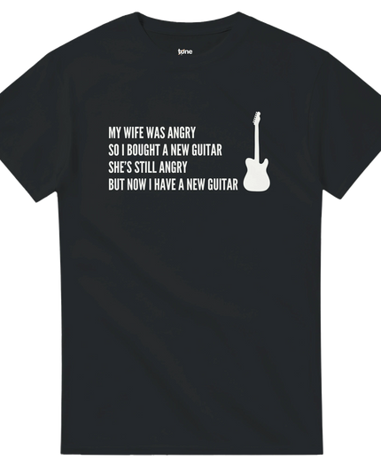 Heavyweight cotton tee with bold ‘My Wife Was Angry Then She Met a Guitarist’ slogan