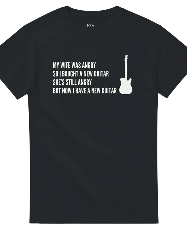 Heavyweight cotton tee with bold ‘My Wife Was Angry Then She Met a Guitarist’ slogan