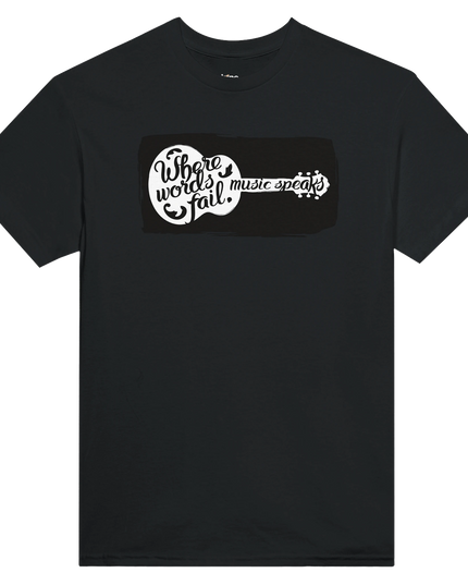 Lifestyle image: person lounging with sheet music and the Music Speaks tee visible