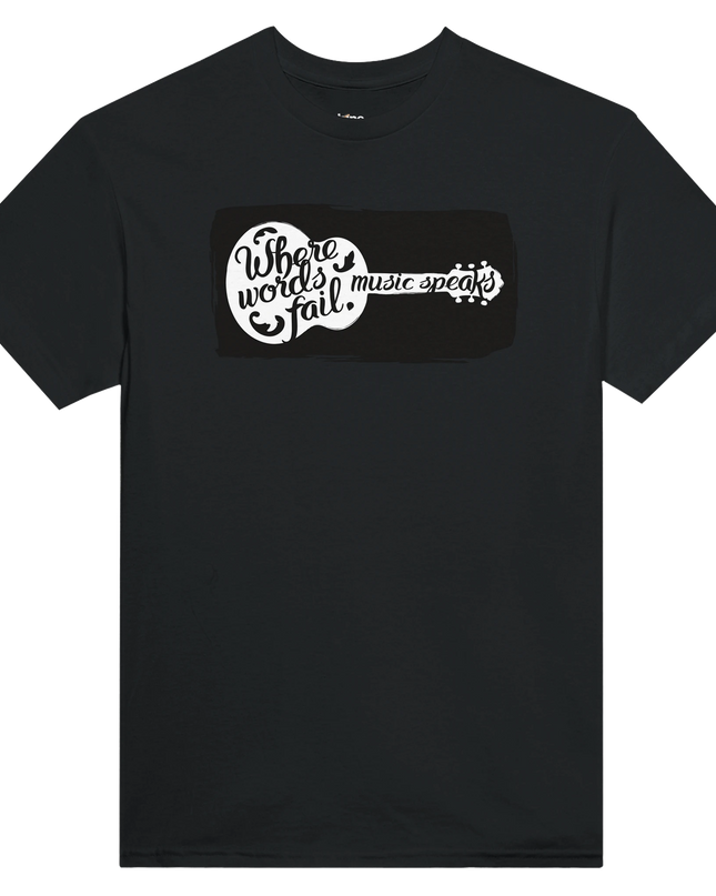 Lifestyle image: person lounging with sheet music and the Music Speaks tee visible