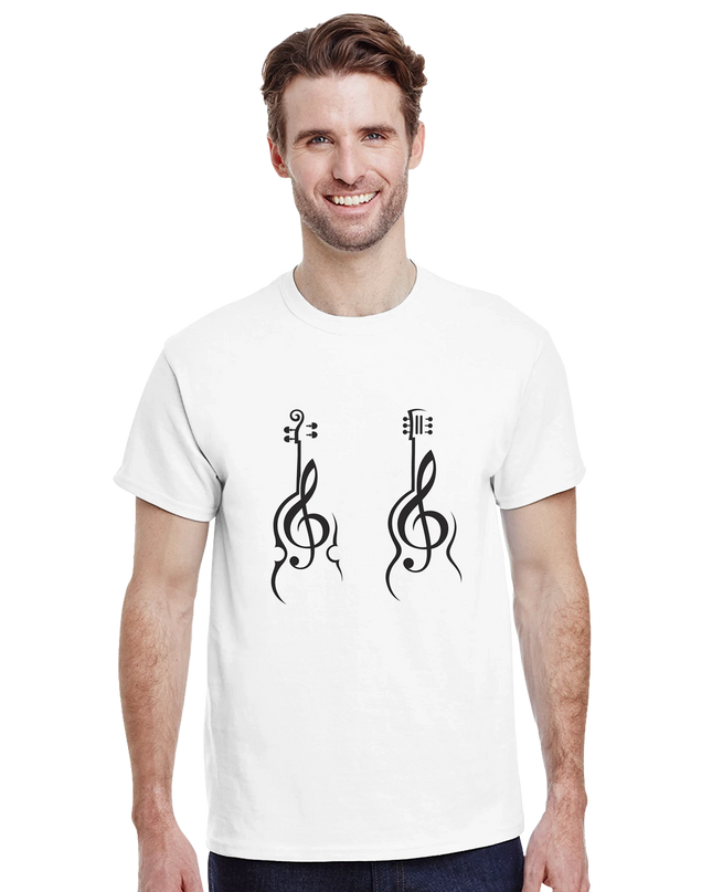 Close-up showing double-needle collar and taped shoulders on bass–cello shirt