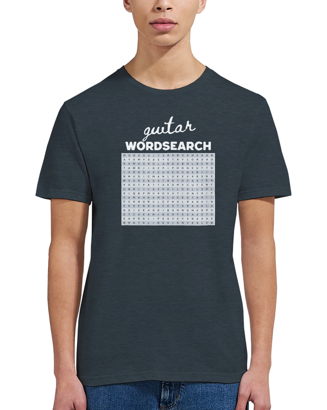 Model wearing relaxed-fit Wordsearch music puzzle T‑shirt