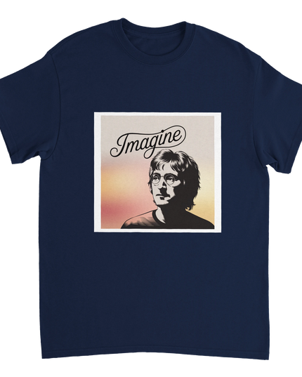 Close-up of seamless double‑needle collar and print detail on Imagine tee