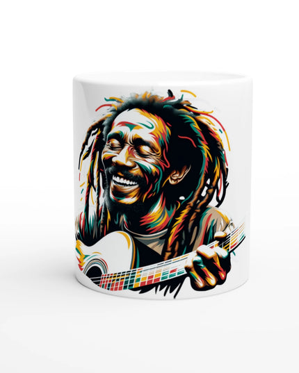 White 11 oz glossy ceramic mug with music-themed print