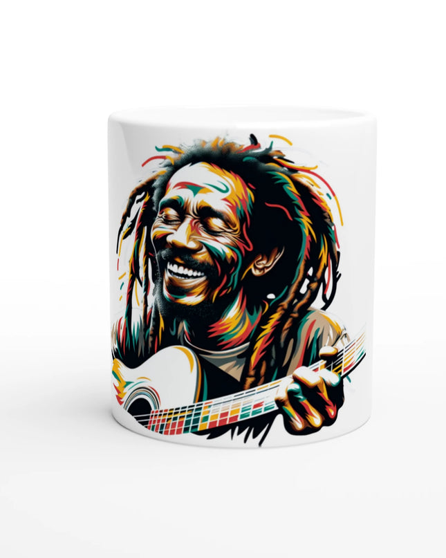 White 11 oz glossy ceramic mug with music-themed print