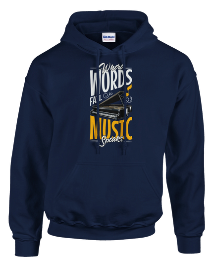 Model wearing relaxed-fit ‘Music Speaks’ hoodie styled with casual wear