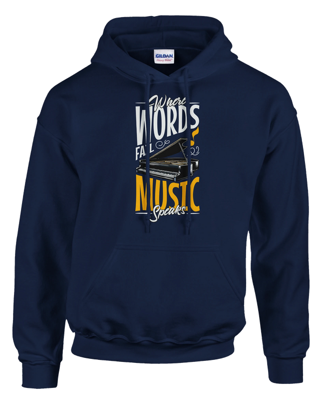 Model wearing relaxed-fit ‘Music Speaks’ hoodie styled with casual wear