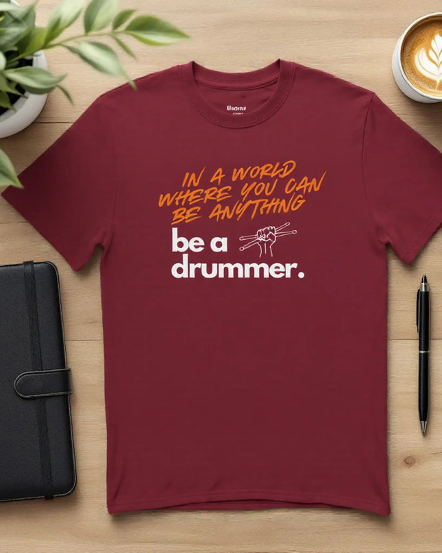 Back view of unisex drummer T-shirt showing classic cut and durable stitching