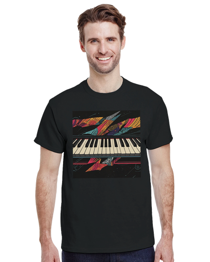 Flat‑lay of shirt with piano keys graphic alongside sheet music and headphones
