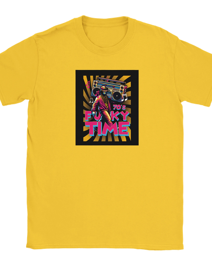 Close-up of Funky Time text on soft relaxed-fit tee