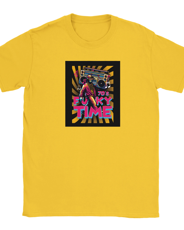 Close-up of Funky Time text on soft relaxed-fit tee