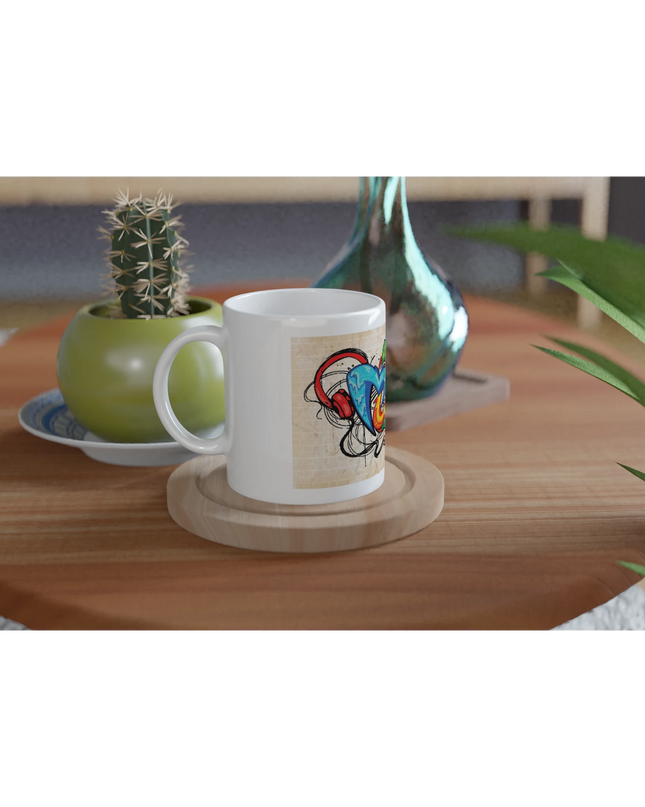 Flat-lay of music mug with coffee beans and a vinyl record