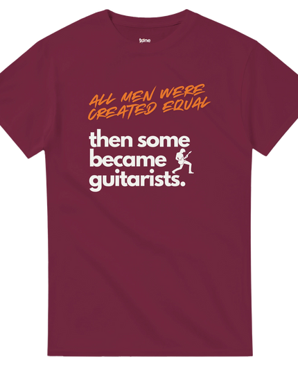 Close‑up of taped shoulders and double‑needle collar on guitarist tee