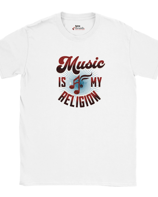 Close‑up of typography ‘Music Is My Religion’ on soft tee
