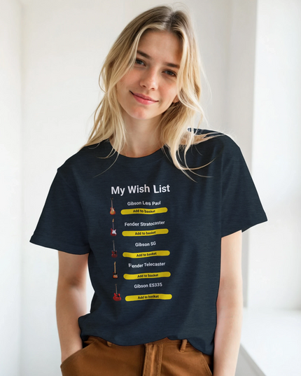 Close-up shot of playful ‘My Wish List’ music graphic with guitar, headphones, and mic icons on T‑shirt