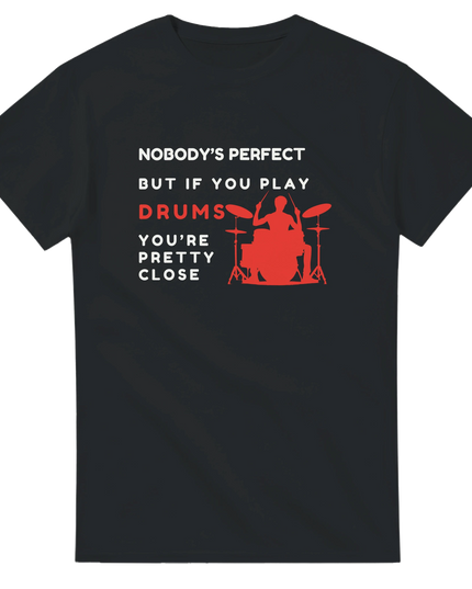 Model wearing drumming humor tee, holding drumsticks on stage