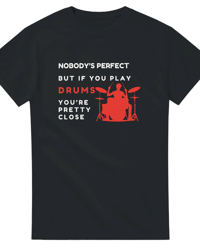 Model wearing drumming humor tee, holding drumsticks on stage