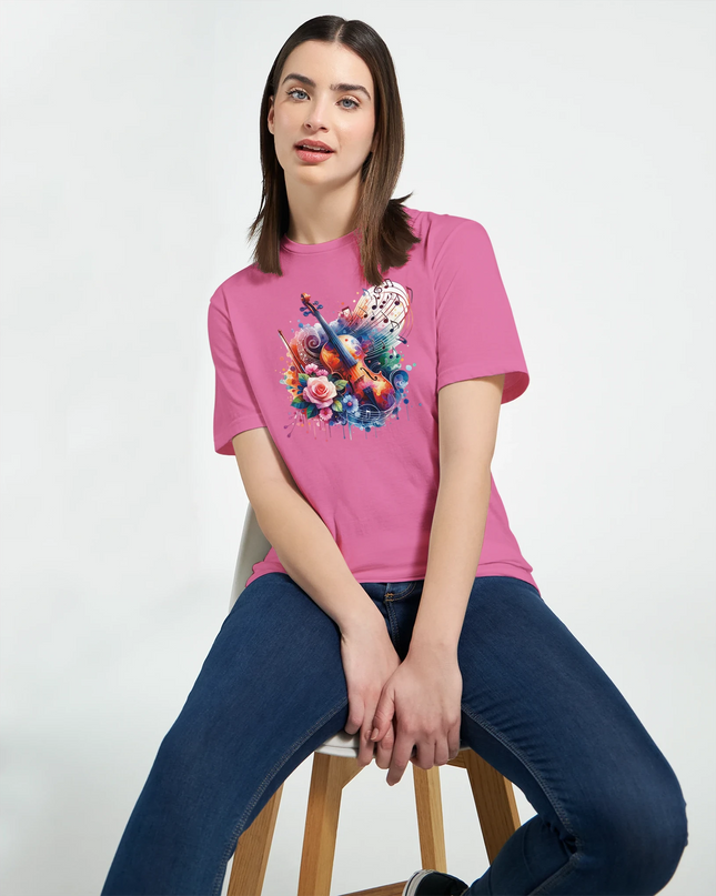 Close-up of classical music design on crewneck shirt for women
