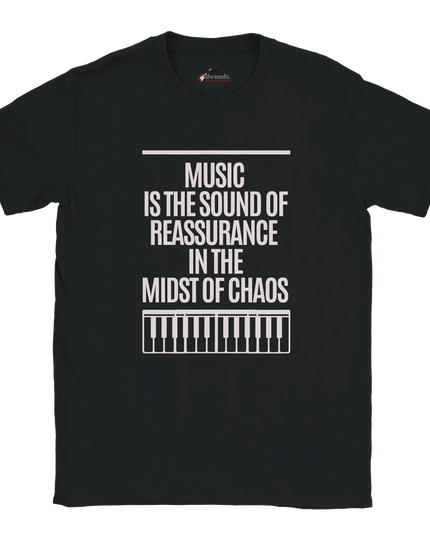 Model wearing music reassurance slogan shirt