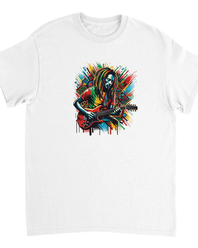Close‑up of vibrant reggae color print and ring‑spun cotton texture