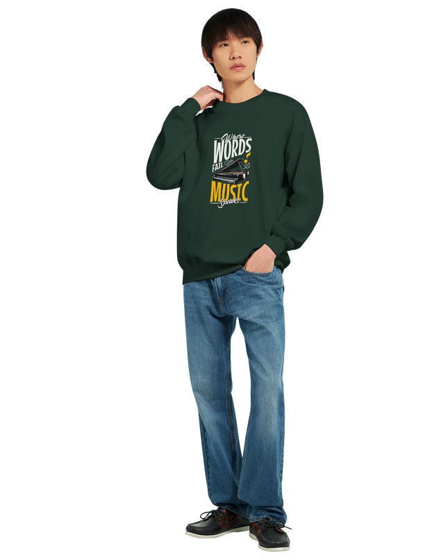 Lifestyle shot: Music Speaks sweatshirt paired with headphones and vinyl